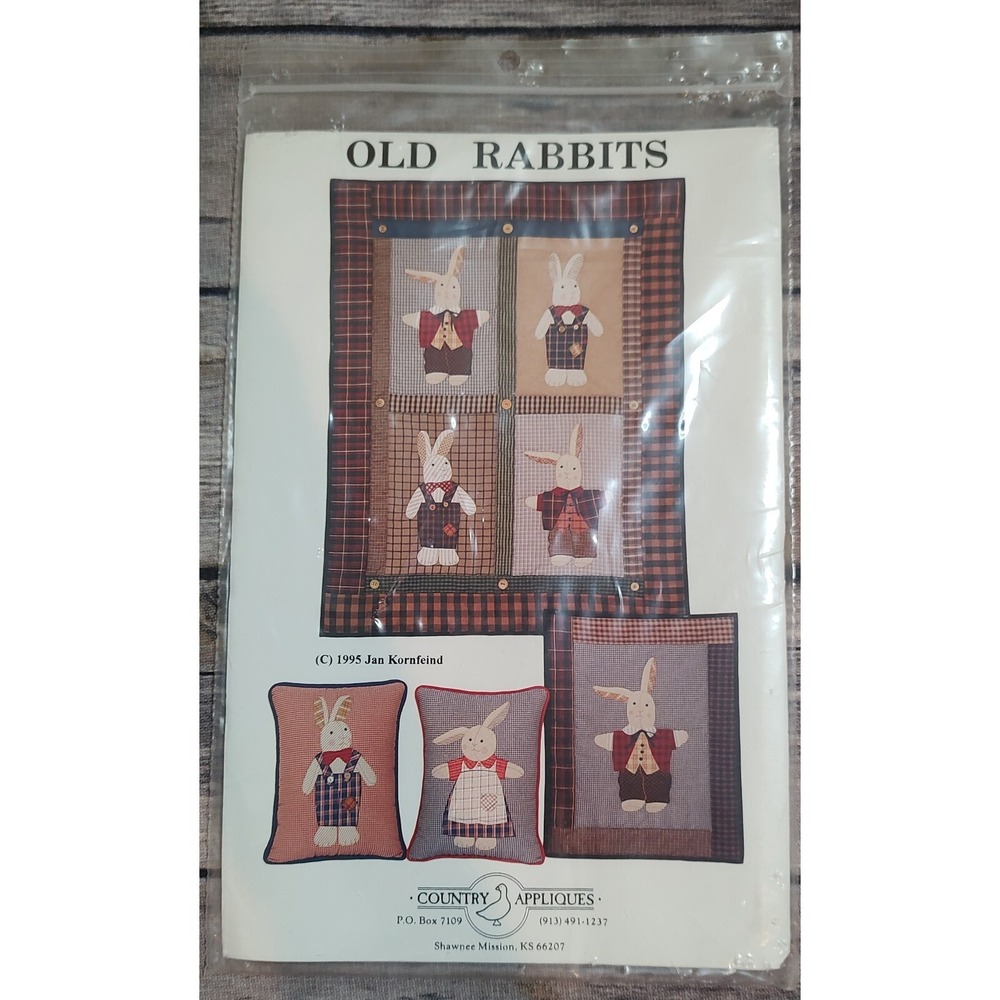 Country Appliques Old Rabbits Wall Quilt Pillow Patchwork 1995 Jan Korfeind P114